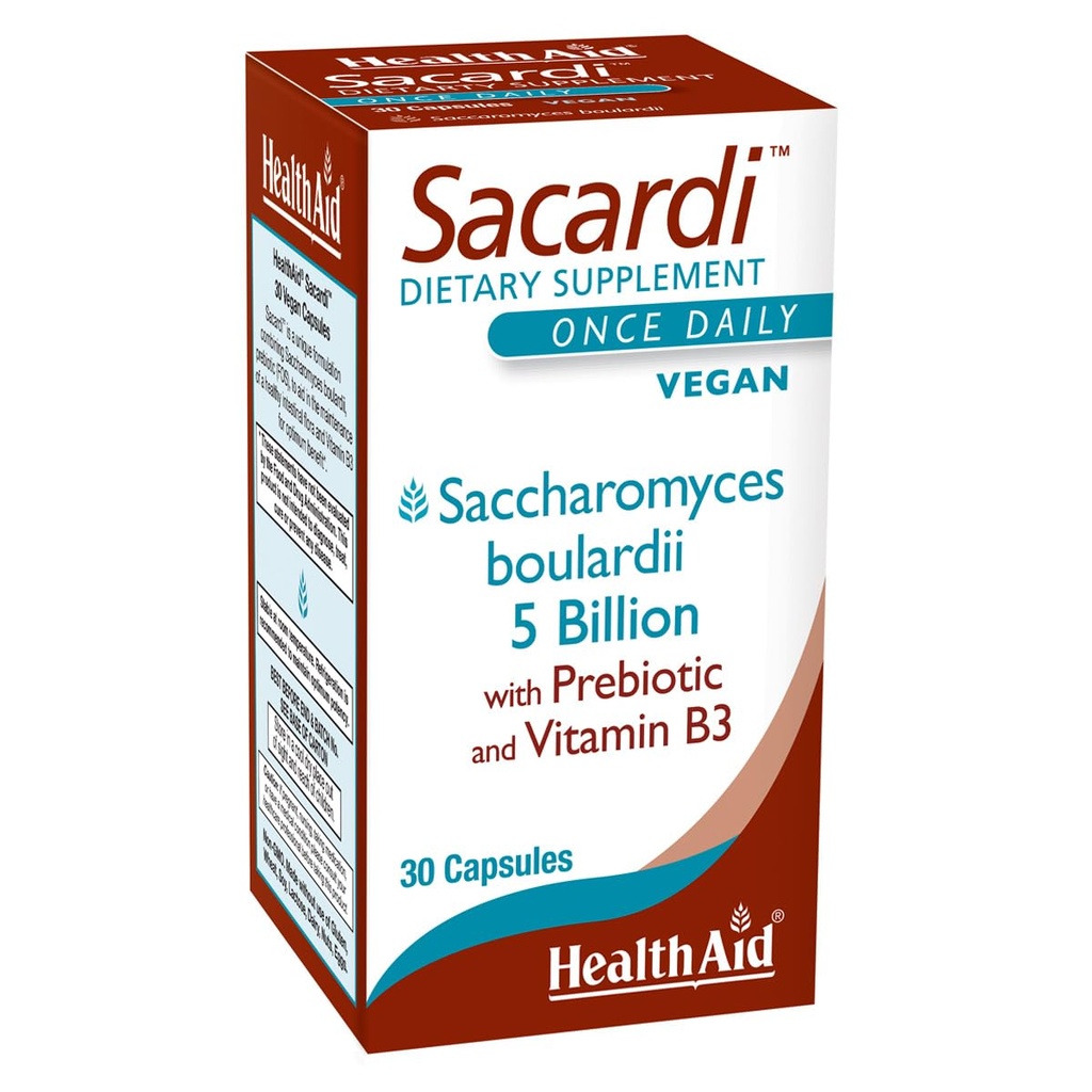 Sacardi Saccharomyces Boulardii – 每日一次与维生素B3 & FOS + 5亿 CPU + 30 Vegan 片 → 无乳品和酸性抗药性