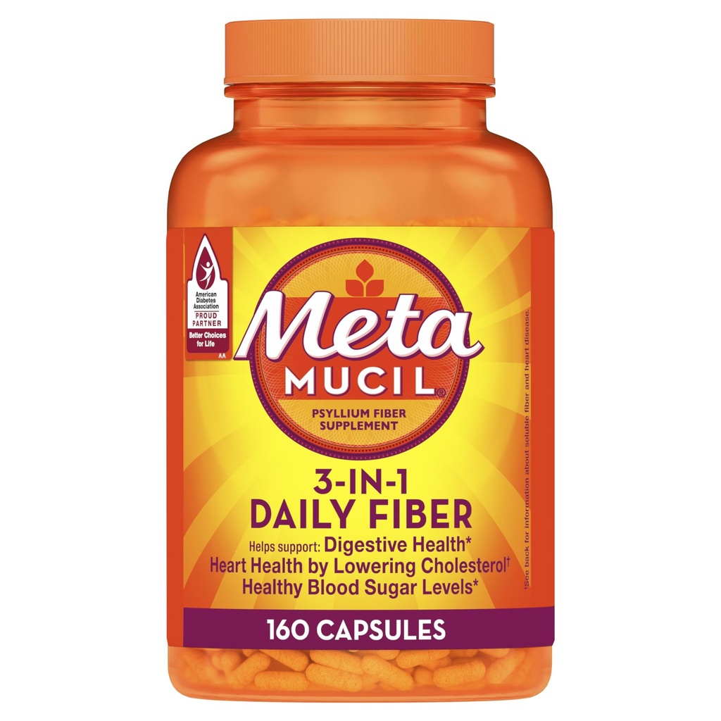 Metamucil, Psyllium Husk Capsules, 160 Capsules, 3-in-1 Fiber 补编, Daily Psyllium Husk Fiber Capsules 通过促进规范性帮助支持消化健康*, 帮助补充 Daily Fiber 摄入量