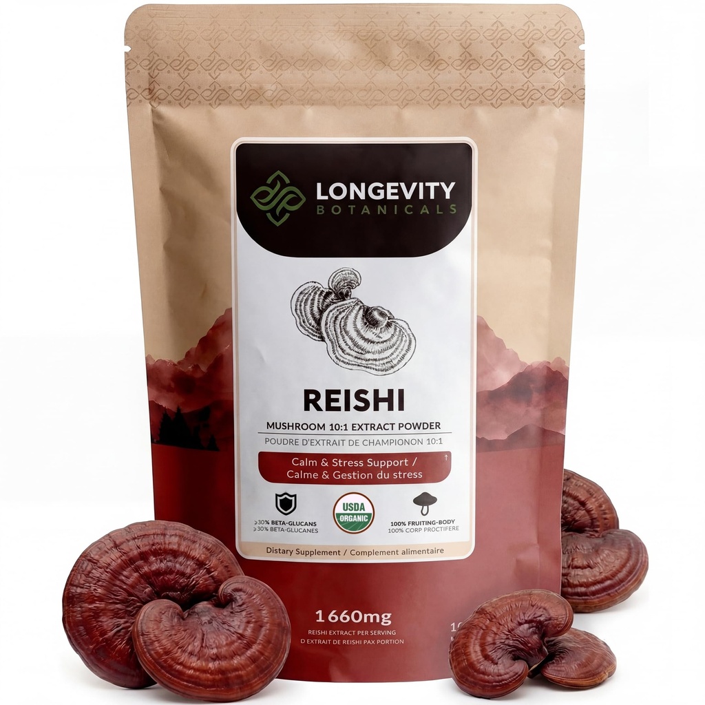 长寿植物 有机Reishi蘑菇 提取 Powder 100g QQ 集中 10:1 比例 100% 果实体 QQ Lingzhi(Ganoderma clearum) 自然补充 免疫 压力和睡眠支持