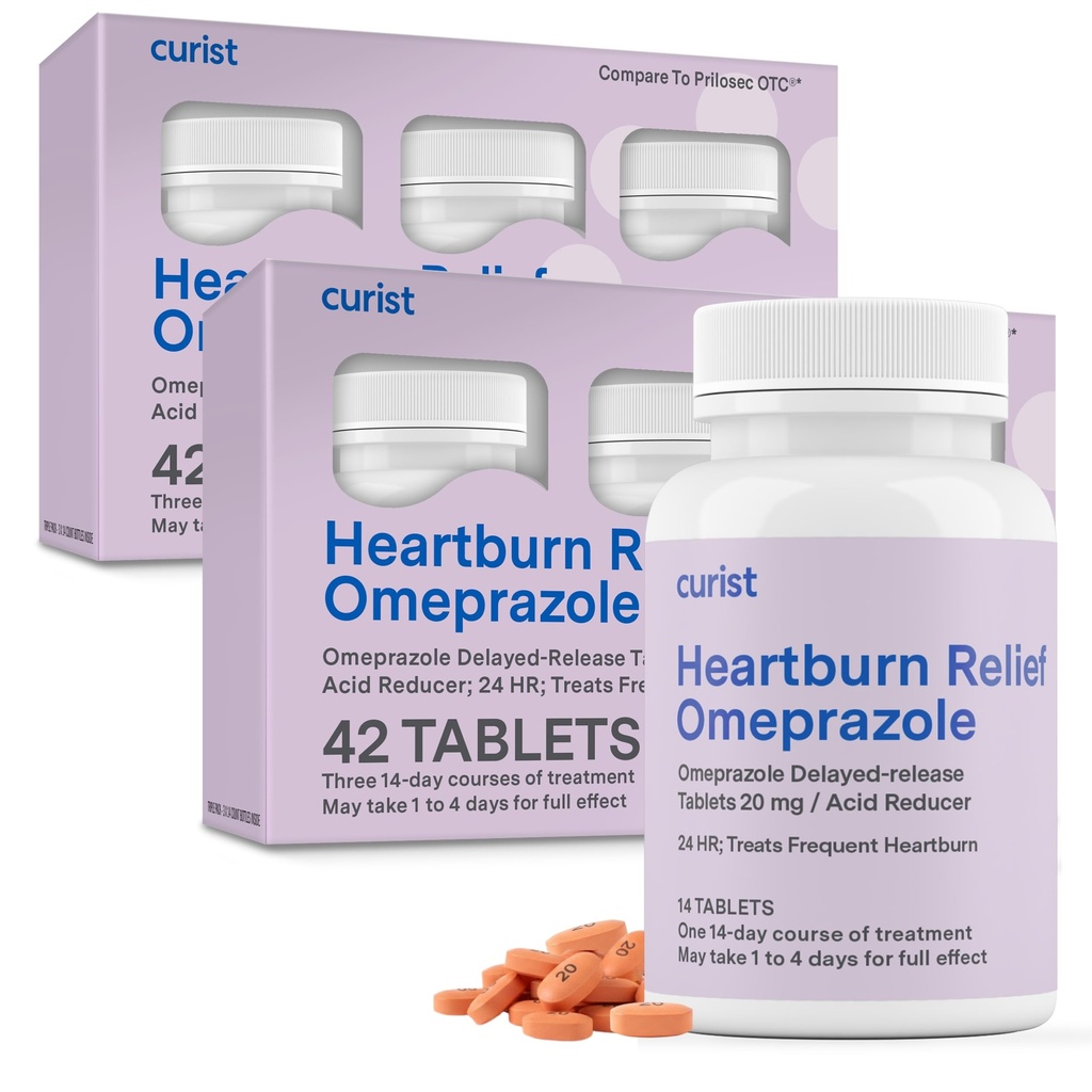 Curist Omeprazole 20mg Tablets Bulk Pack - 84Count Delayed-Release Tablets - Acid Reflux Medicine for Heartburn Relief (2 Pack of 42 Tablets - 84 Total)