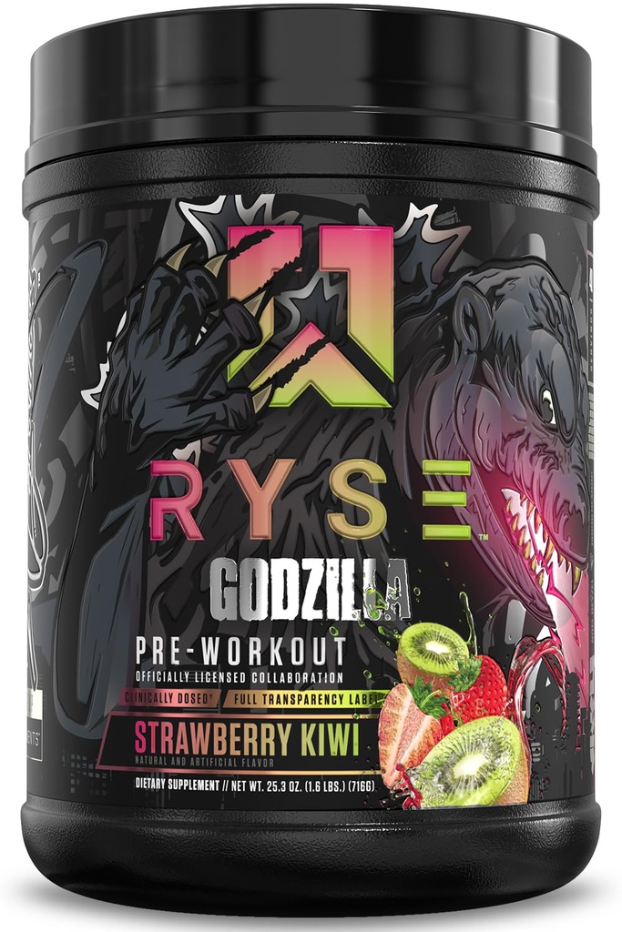 RYSE Godzilla X Noel Deyzel 预选工作粉 - 草莓 Kiwi - 400mg Cafeine, 与Citrulline & Beta Alanine合作的男女高级预选工作 - 能源,泵和焦点 - 20/40 服务