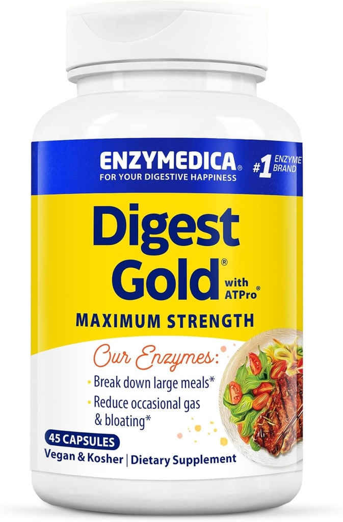 Enzymedica文摘 Gold + ATPro, 最大强度文摘酶, 帮助文摘大餐用于即时布洛廷救济, 45 Capsules