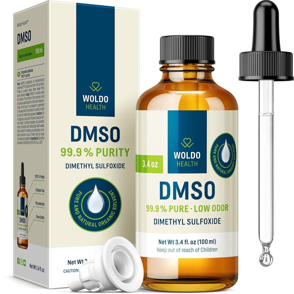 WoldoHealth 99.9% 药品级 - FT-IR 校验的二甲基硫氧化物,玻璃瓶中含精密滴水器的低味溶剂(3.38 oz)