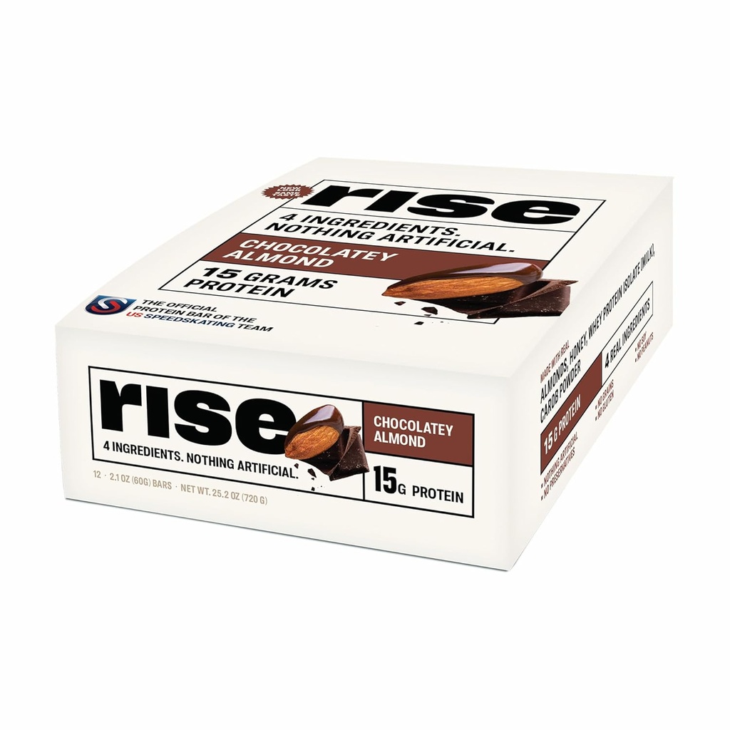 Rise Whey Protein Bars - Chocolatey Almond | Breakfast Bar & Protein Snack 15g Protein 5g Fiber Just 4 Whole Food Ingredients Gluten-Free Soy Free