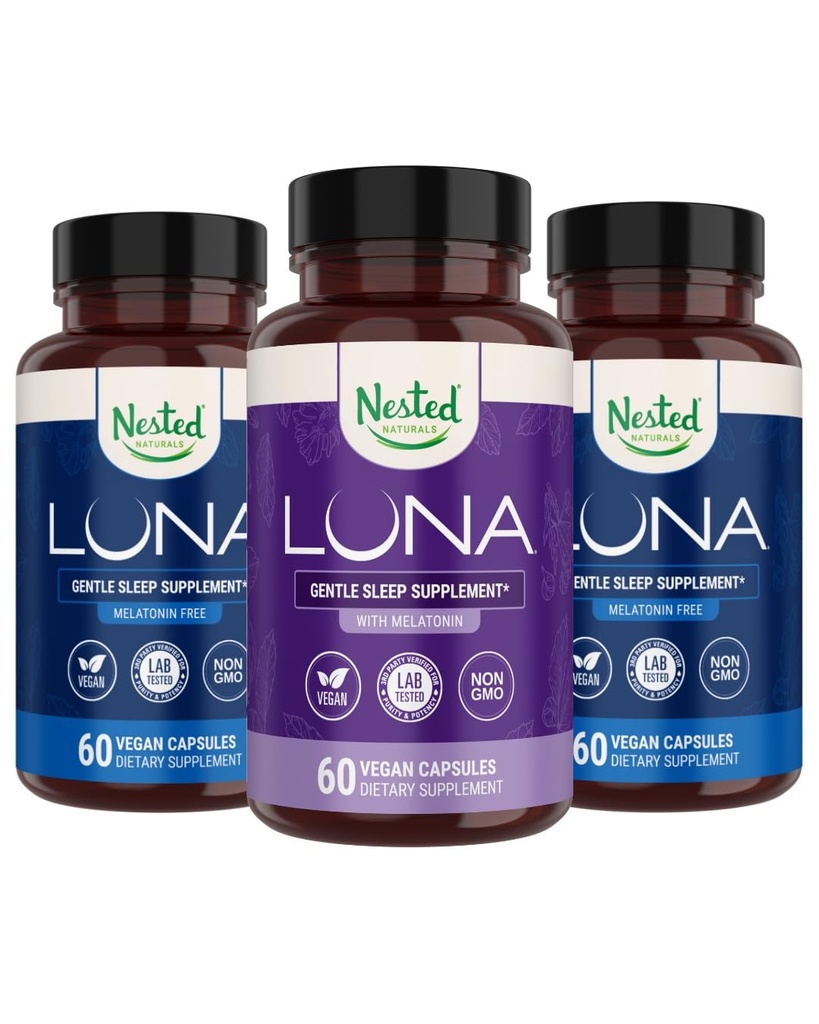 Nested Naturals Luna Melatonin-Free (120 Vegan Capsules) & Luna Natural Sleep Aid with Melatonin (60 Vegan Capsules) for Deep Sleep QQ Non-Habit Forming 互联网档案馆的存檔,存档日期2013-12-22.