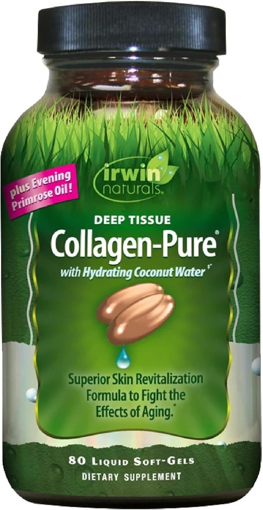 Irwin Naturals Deep Tission Collagen-Pure - 80 液态软胶 - 高级皮肤振兴以对抗老化的影响 - 包括水合椰水和晚间Primrose Oil