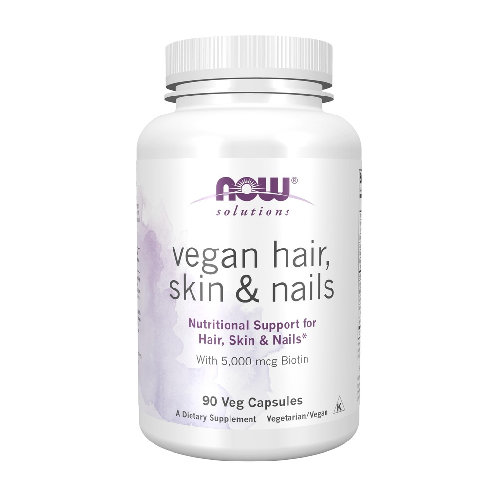 Now Foods Solutions, Vegan hair, Skin & Nails, 营养支持 5,000 mcg Biotin, 90 Veg Capsules