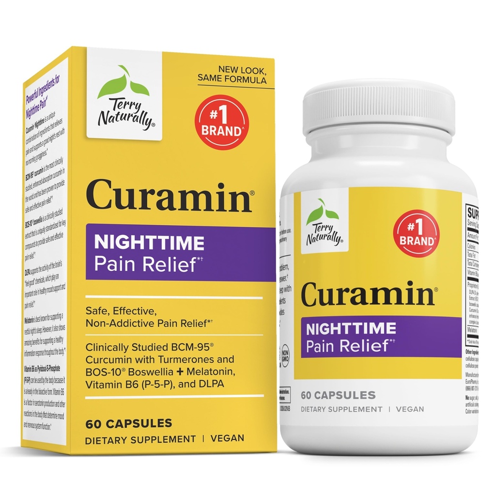 Terry自然 Curamin Nighttime - Curcumin & DLPA Capsule 补充 - 非GMO 支持健康睡眠和放松补充 - 草药补充 - Melatolin - 60 Capsules