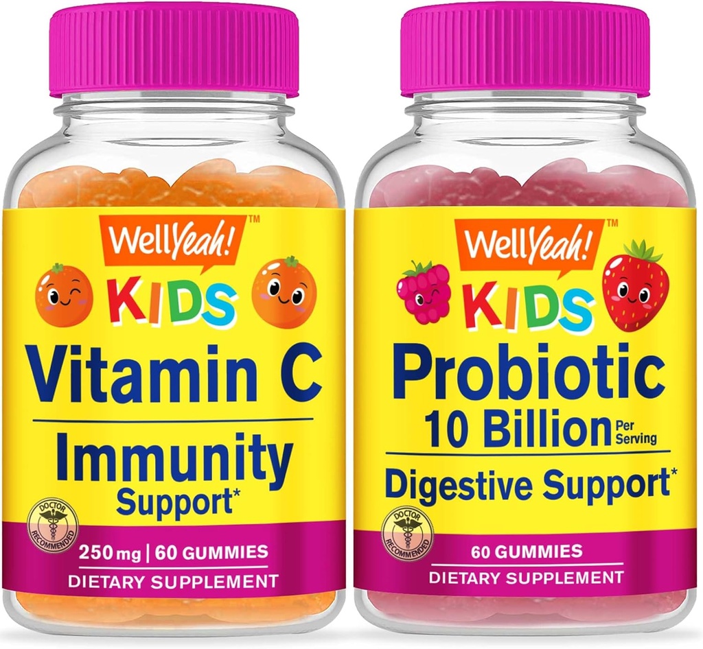 (原始内容存档于2018-07-21). Wellyeah Vitamin C Kids + Probiotics 10B Kids, Gummys Bundle - Great Tasting, Vitamin Supplement, Gluten Free, GMO Free, Chewable Gummy (英语).