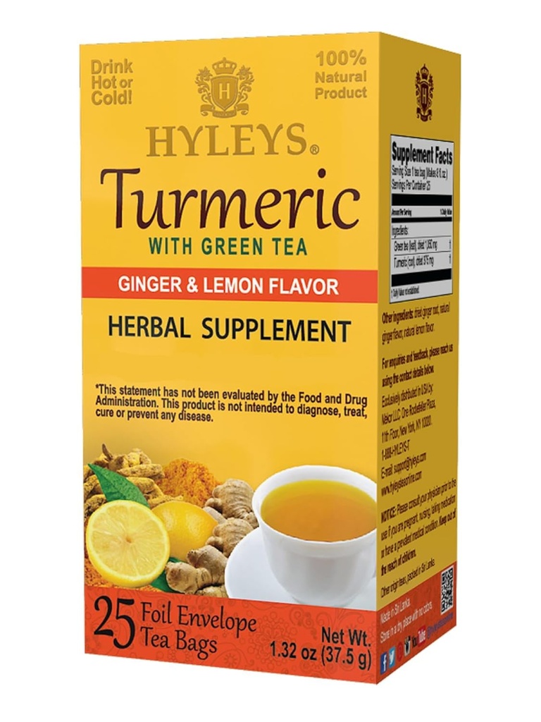Hyleys Ginger Turmeric Tea Lemon Flavor - 25个茶袋(6包 - 150个茶袋共计) - 健康草药补充绿色茶