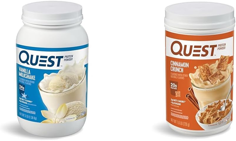 Quest Nutrition Vanilla Milkshake Protein Powder, 24g of Protein, 1g of Sugar, Low Carb, Gluten Free, 3 Pound, 43 servings & Cinnamon Crunch Protein Powder, 20g Protein, 2g Net Carb, 1g Sugar