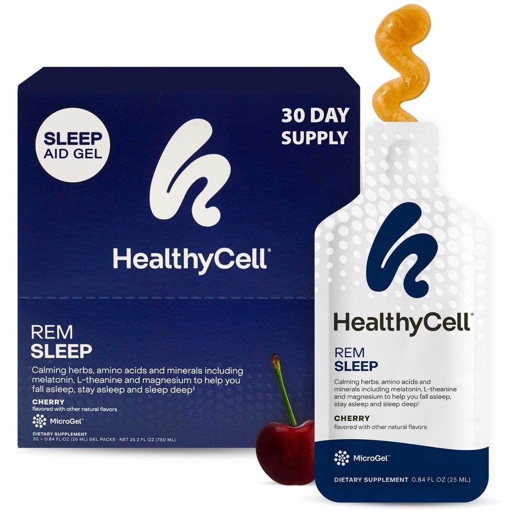 健康细胞 REM 成人睡眠援助补充剂 - 液态Gel超强睡眠补充剂 Melatonin, Magnesium, L- Theanine, GABA & Natural calming Herbs - 30 Gel Packs, Cherry Flawared