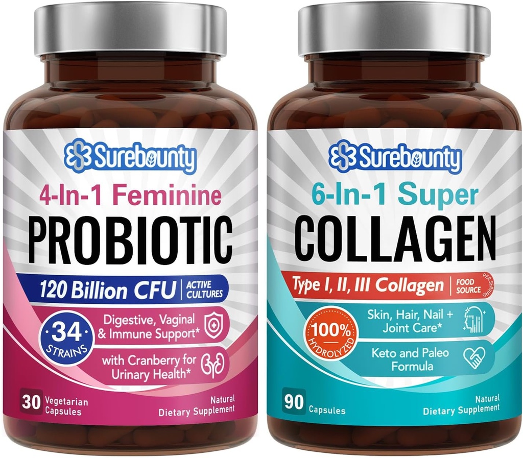 Probiotic + Collagen Bundle, 4-in-1 女性Probiotic (30ct) & 6-in-1 超级Collagen (90ct), 2 packs, Cranberry, 消化与健康老化支持, 非GMO