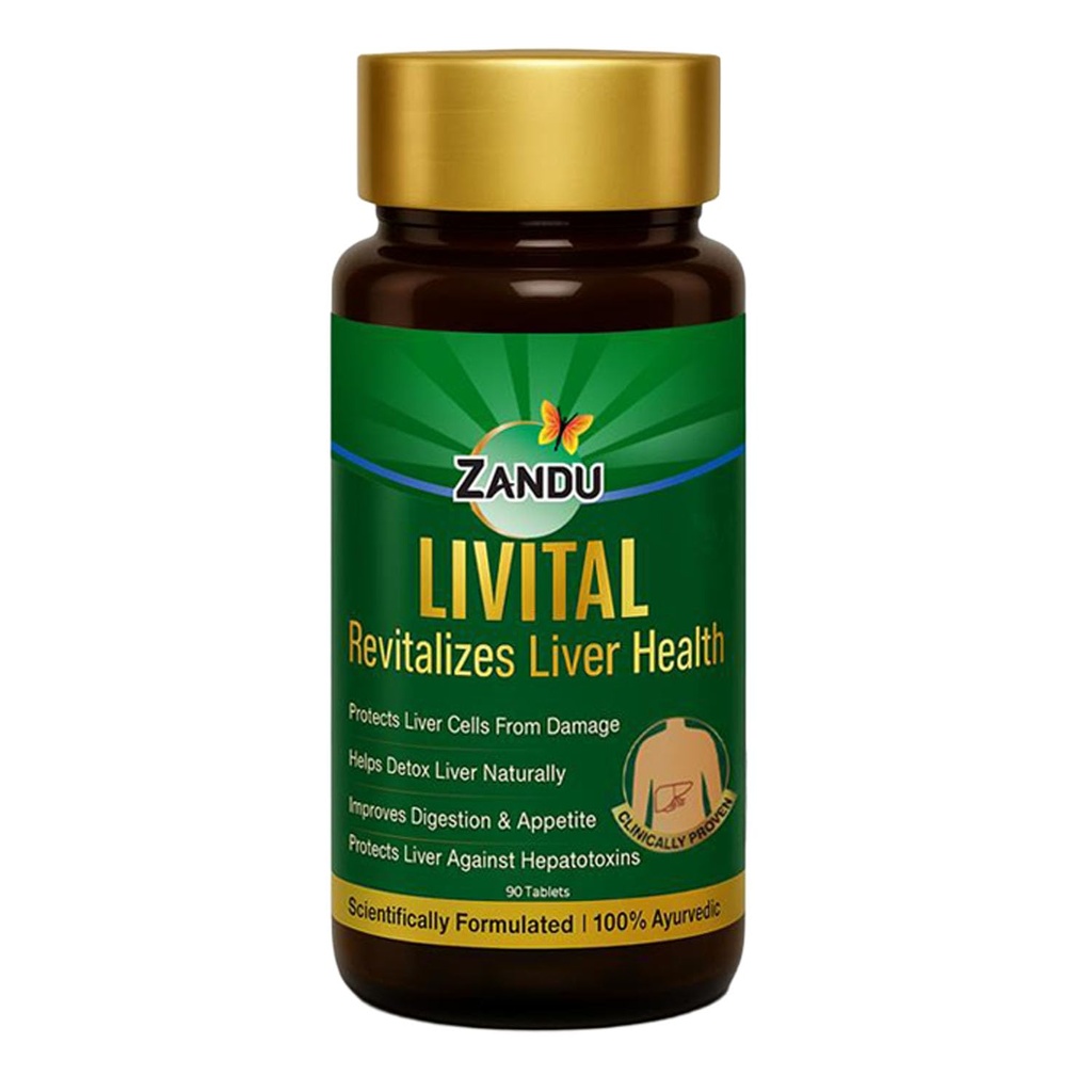 Zandu Livital牌匾,100%的Ayurvedic Imperients, 保护生命者免受各种肝毒素的侵害。