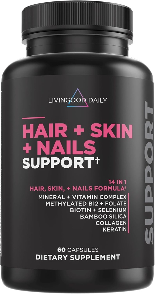 Livingood Daily Hair, Skin & Nails Supplement, 14-in-1 配Biotin, Collagen, Keratin, 竹子, 硒, Folate, B12, Zinc and More, 女性和男性美容补编, Gluten Free, 60 Capsules