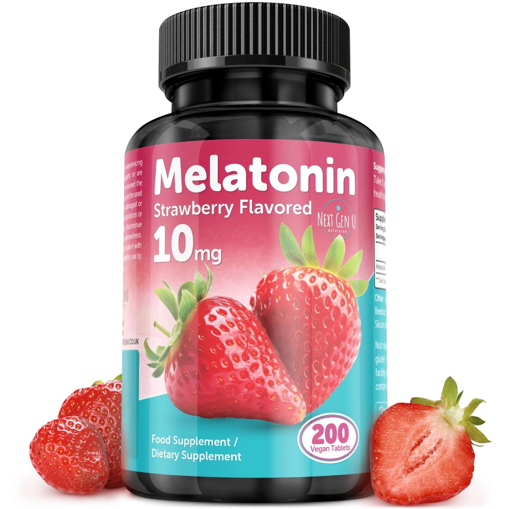 Melatonin 片剂 - 10 mg 饮食补充剂 - 草莓裂片 - 200 Vegan 片剂 - 由 NextGenU制作