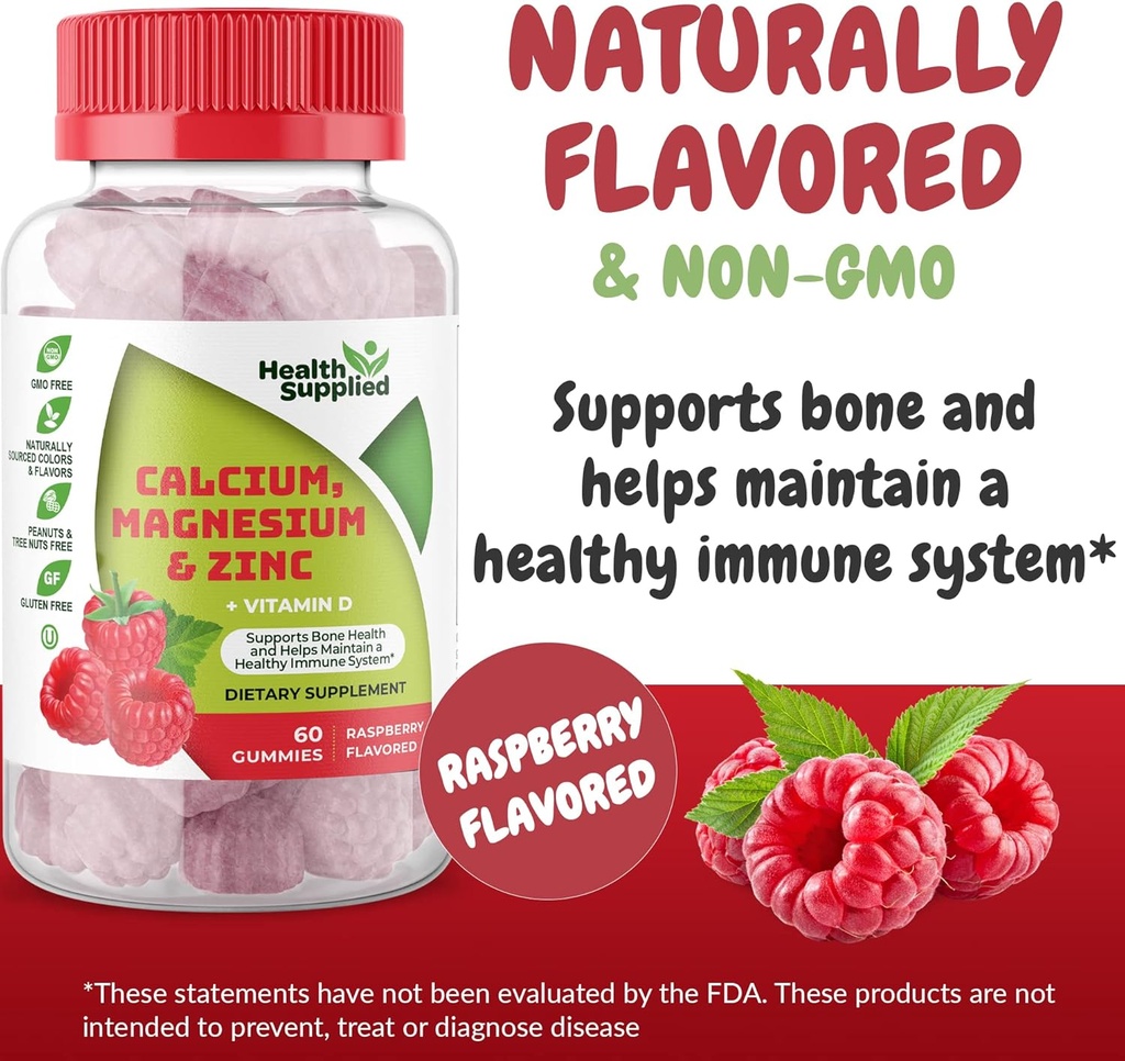 镁和锌钙 + 维生素D Gummys → Bone 健康 imune 健康 能源和肌肉功能 → Daily Ditary vitamin Supplement → 成人, 青少年 + 水果 Raspberry Flavor