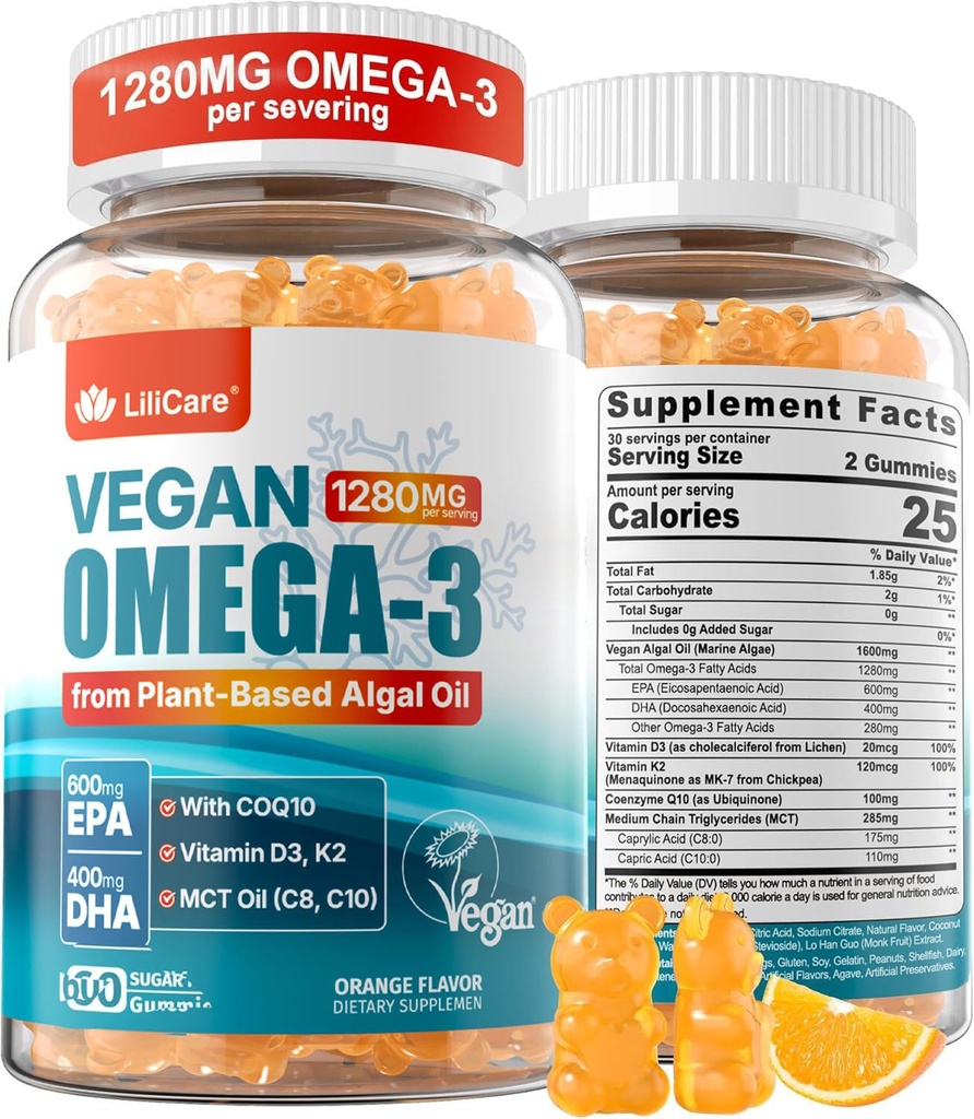 Vegan Omega-3 Gummys 1280mg + COQ10 + 维生素 D3 K2(MK7),Omega 3 成人鱼油替代品 w/EPA 600mg DHA 400mg和MCT 石油,海洋藻类无鱼味,用于脑,眼,豁免,1包