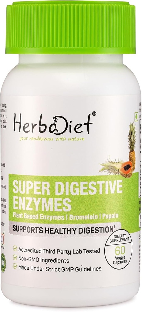 Herbadiet 消化酶 补充 QQ Bromelain & Papain 提取 500mg Capsules QQ 蛋白质酶 与 Lipase Lactase Amylase (60 Capsules) 共 6 个 蛋白质酶