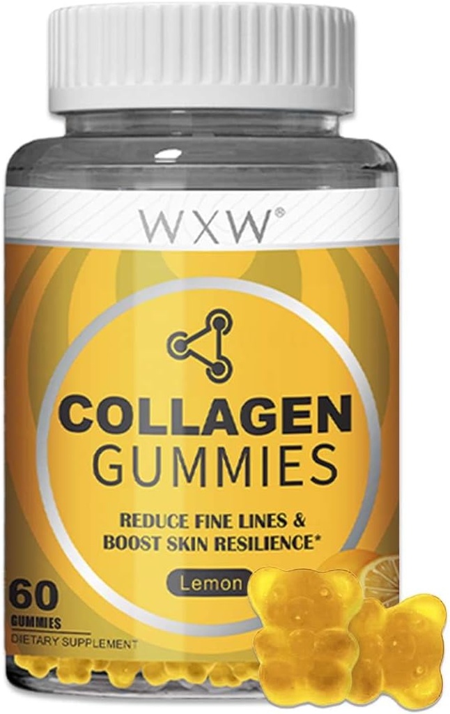 WXW 水解Collagen Peptides Gummys for Women, Non-GMO 抗衰老公式与生物锡,锌,维生素C & E 对头发,皮肤和钉子的抗衰老公式 |60cmt,Lemon Flavor