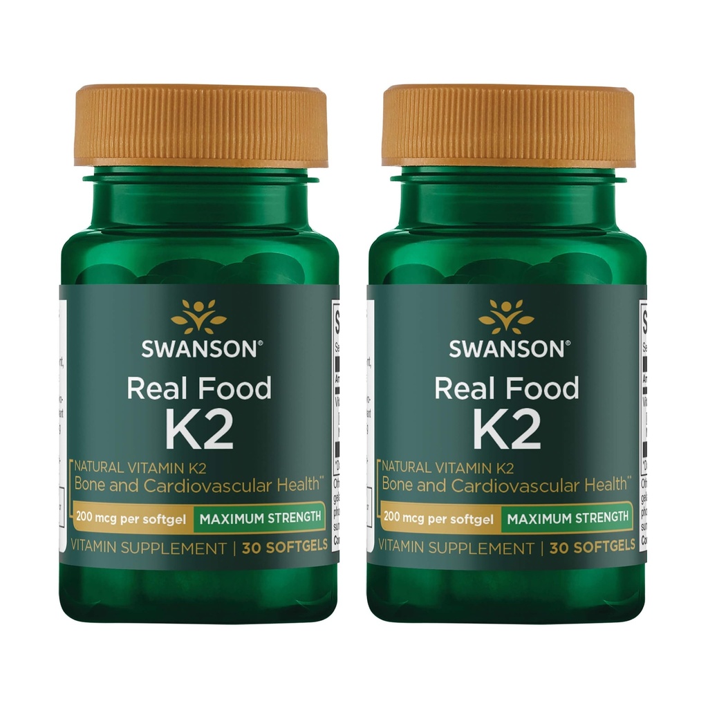 Swanson 最大强度维生素K2(Menaquinone-7)-维生素补充剂 支持心血管和骨质健康-Made 来自日本的Natto帮助调节钙(30软胶,每包200mcg)(2包)