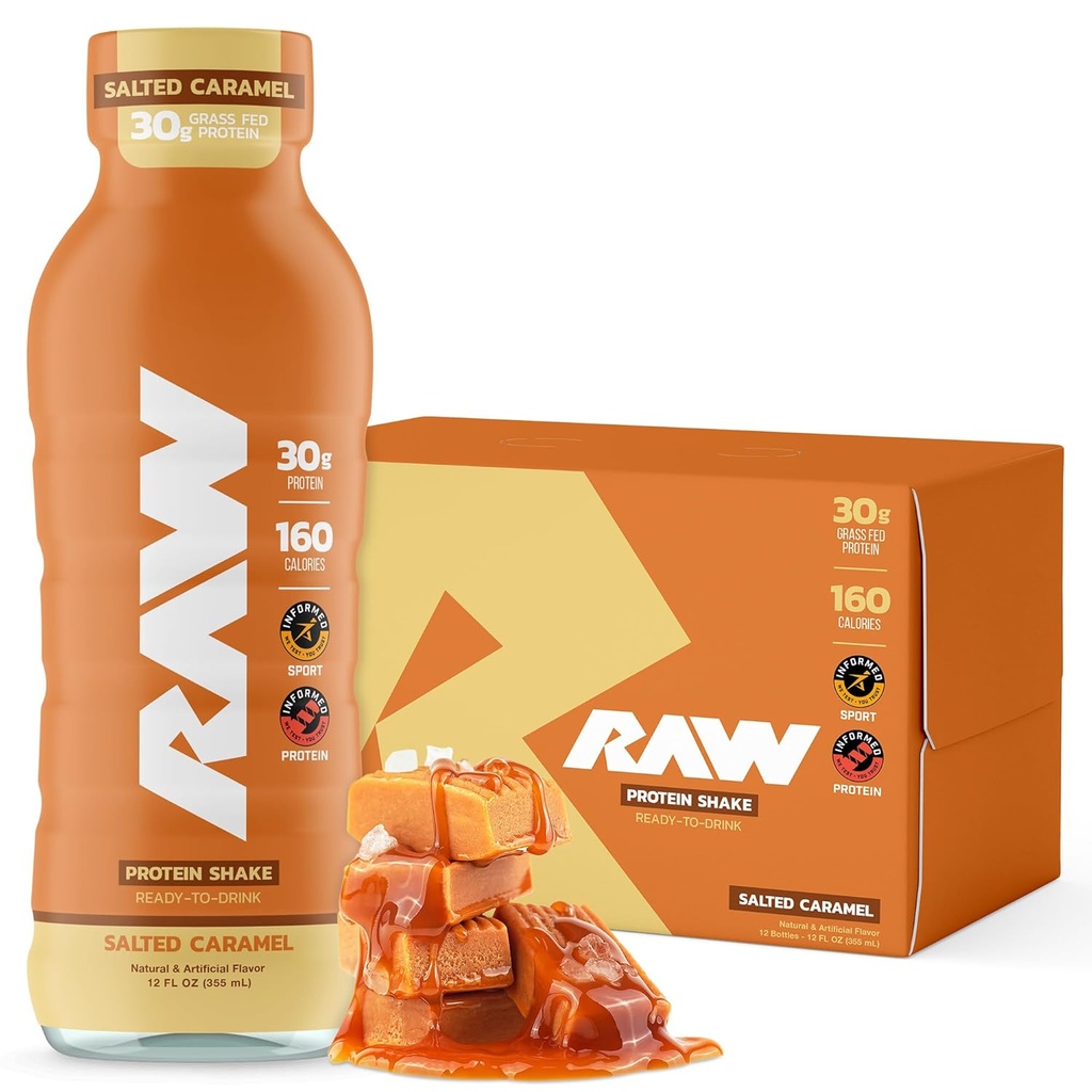 RAW 准备饮用蛋白质沙克 盐焦糖 - RTD 蛋白质饮料与草叶蛋白质隔绝剂用于工作后 - Zero-Sugar & Gluten-Free Meal Execution 饮料和早餐沙克,12 Fl Oz
