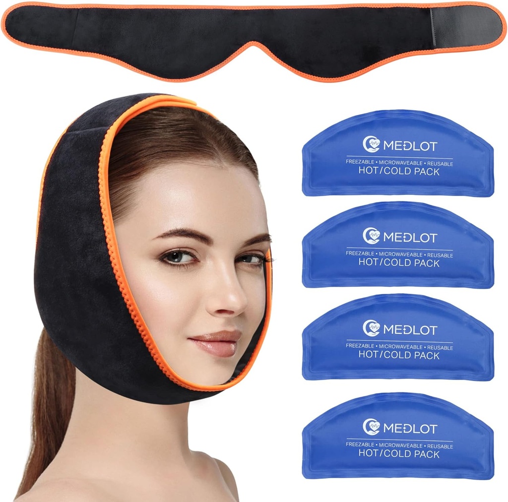 Face Ice Pack 包用于TMJ,智慧牙齿,有4个可重复使用的热冷疗法Gel Packs,为Chin缓解疼痛,头部,Jaw,口腔和面部外科,牙科植入