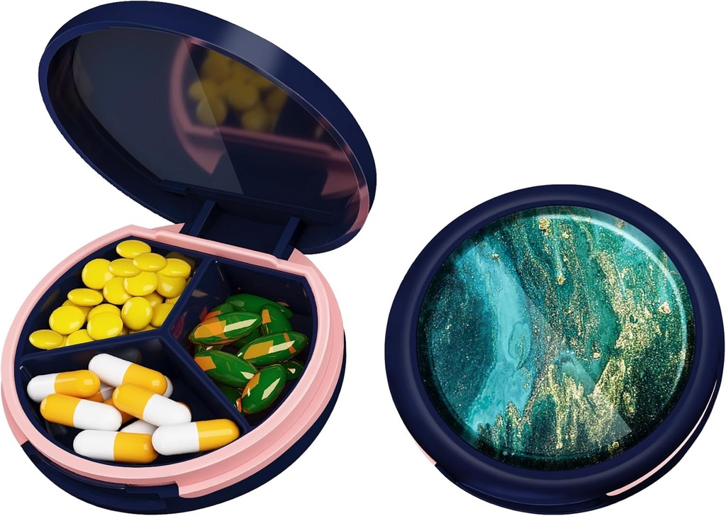 Serfeymi小药盒 - 3 Portable Pill Box for Purse Pocket, Contract mini Travel Pill case - 适合医药,维生素,鱼油,补充剂 - 暗蓝色(Emerald Tide)