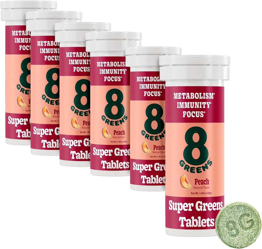 8 Greens SuperGreens 板块 QQ Super Greens 粉末超级食品 代谢豁免和焦点 每日绿种 Effervescent 板块 有机: Aloe Vera, Spiruina, Chlorella, Peach, Tube 60 services.
