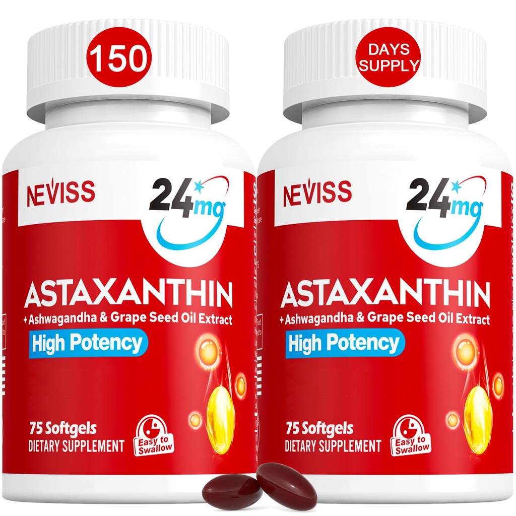 Astaxanthin 补充24mg,5个月供应-椰子MCT 石油、新鲜微藻源/葡萄籽油、Ashwagandha -- -- 健康皮肤、眼睛、老化的抗氧化剂 -- -- 非GMO和Gluten Free,150软胶