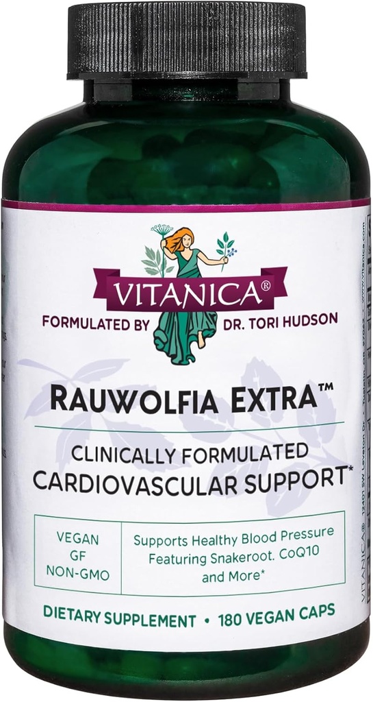 Vitanica Rowolfia Extra - 心脏健康补充 - 支持已经在健康范围内的血压 - 配有镁、CoQ10和蛇根-180 Vegan盖