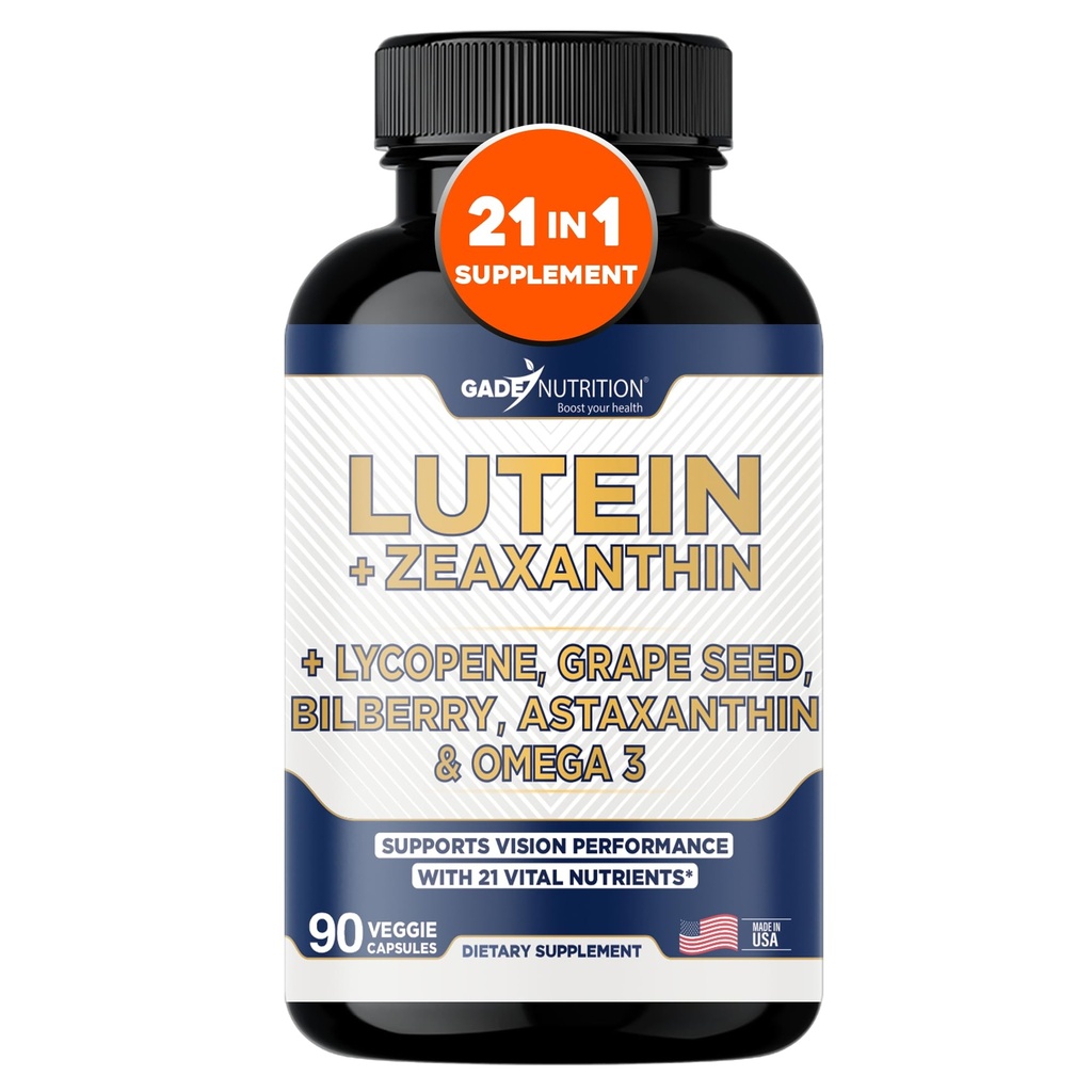 Gade 营养 Lutein 和 Zeaxanthin 配有 Omega 3、Resveratrol、Bilberry、Lycopene、Quercetin、Ginkgo Biloba、维生素D和更多的眼科维生素和矿物