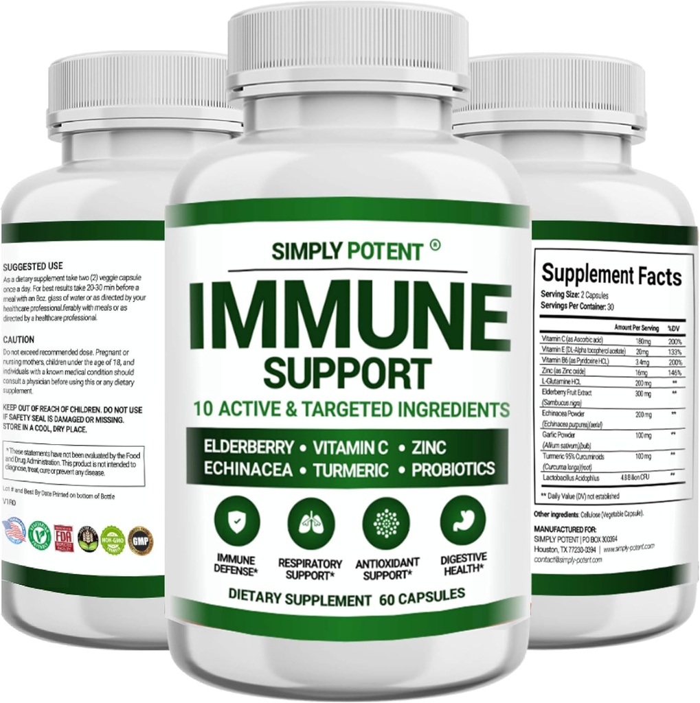 Immune Support Supplement, 10 in 1 Immunity Booster Blend of Elderberry, Vitamin C, Zinc, Echinacea, Turmeric, Probiotics & Antioxidants for Immune Defense, Respiratory & Digestive Health, 60 Pills