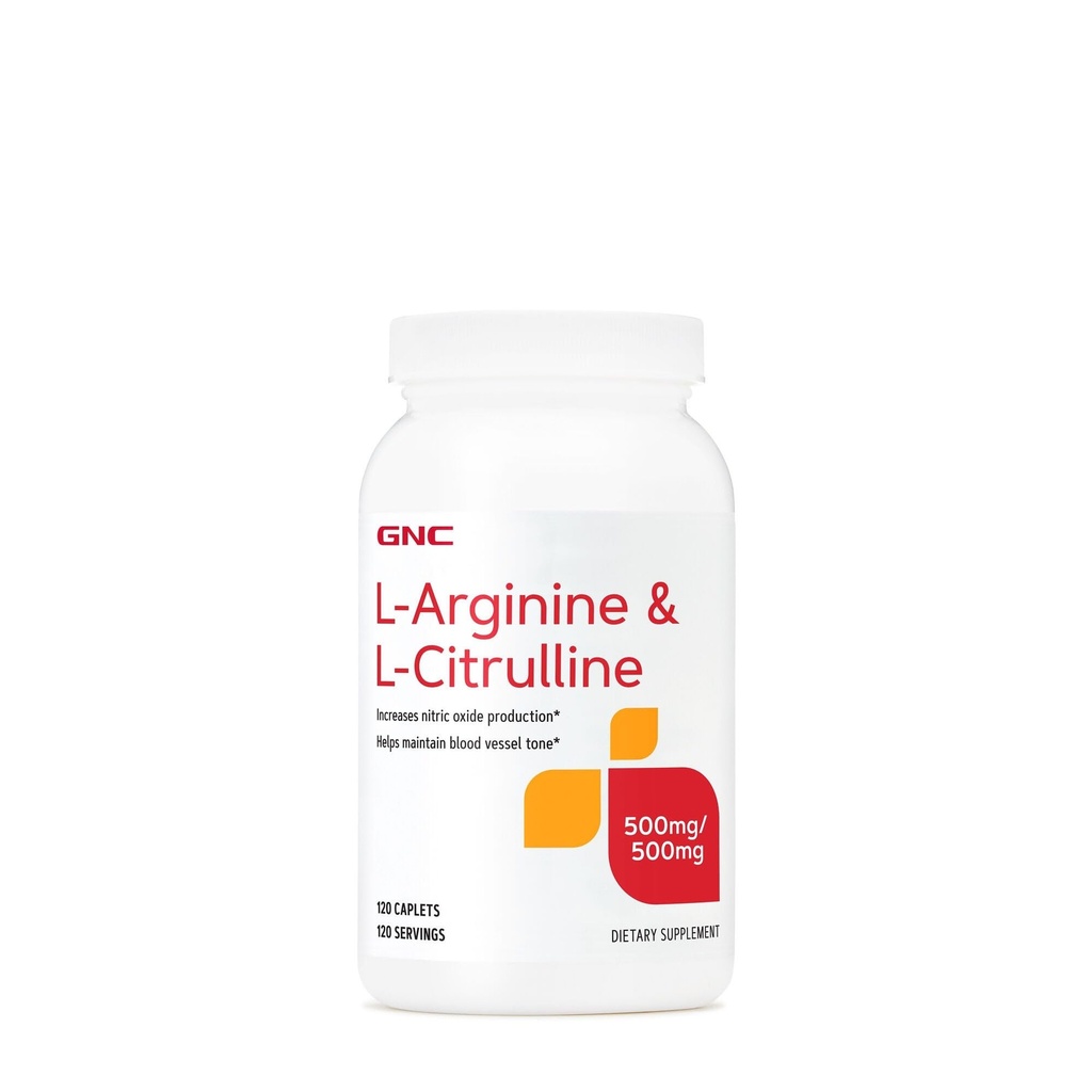 GNC L Arginine + L Citrulline 500mg Each Supplement, Supports Nitric Oxide Production and Healthy Blood Vessel Tone, 120 Servings