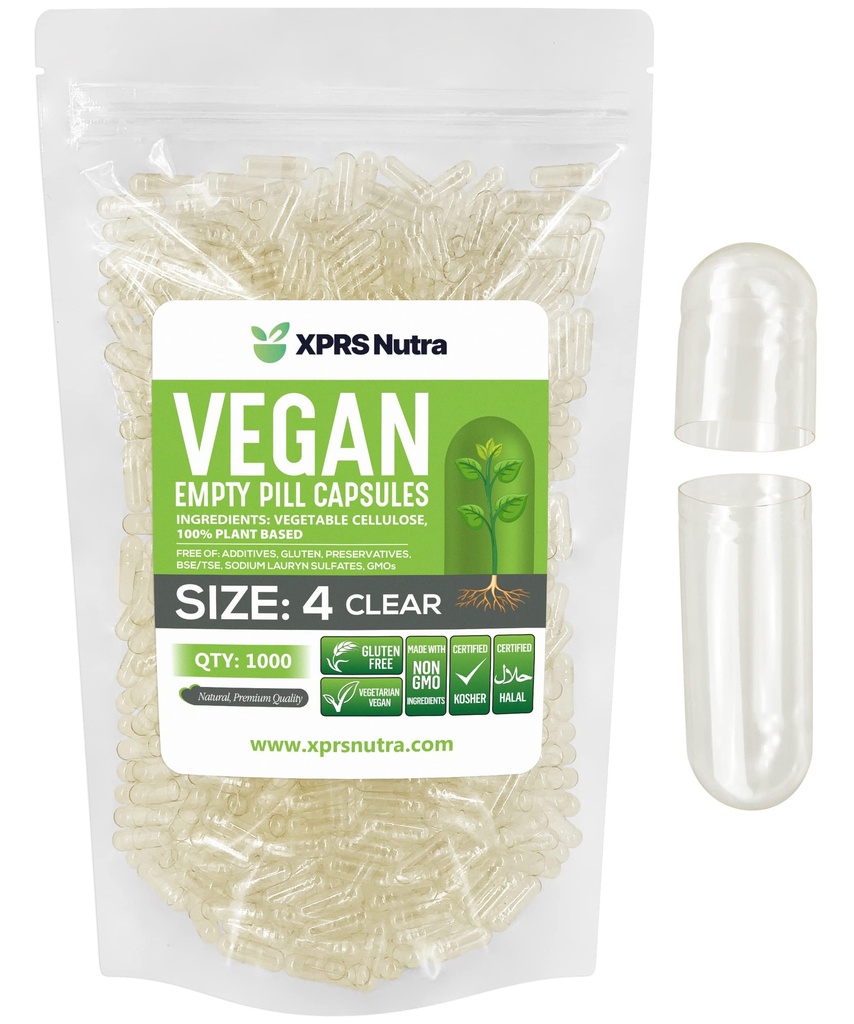 XPRS Nutra 大小 4 空盖 - 1000 个小清空 Vegan Capsules - 蔬菜药丸 - DIY 蔬菜药丸 填充 - 可填充 Do- It- yourself Veggie Caps for suppers