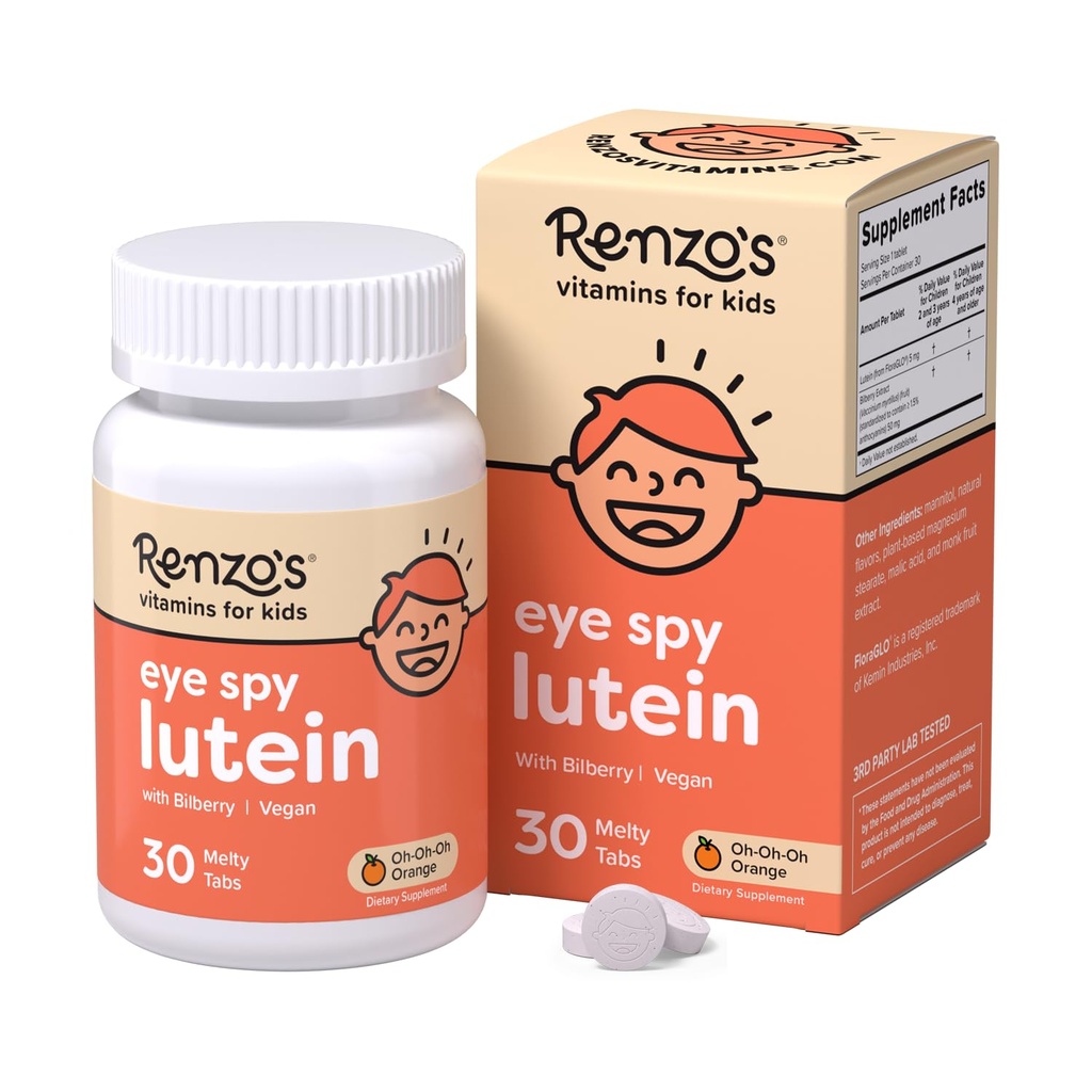 Renzo's Eye Spy Lutein with Bilberry Extract, 溶解的孩子们维生素促进眼部健康,无糖补充, 30个橙味的麦蒂标签