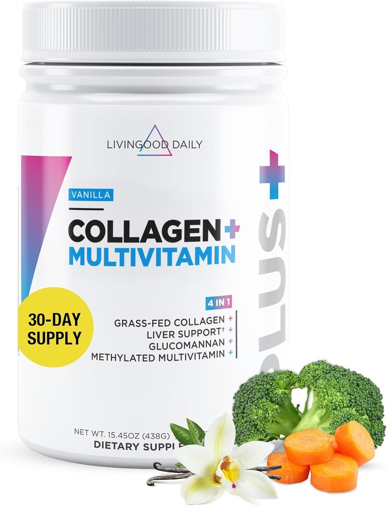 Livingood Daily Collagen Power for Women and Men, Vanilla, Grass Fed 蛋白质,水解Collagen Peptides 配有维生素C和多种维生素用于发型,皮肤,Nail & Gut Health, Gluten Free, 30 services