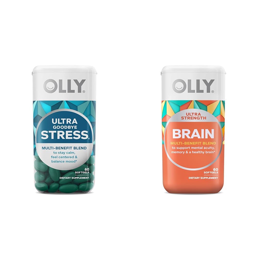 OLLY 超强压力 再见软胶,GABA, Ashwagandha, L-Theanine 和 Lemon Balm 和超强脑软胶, Nootropic, 支持健康脑功能,记忆