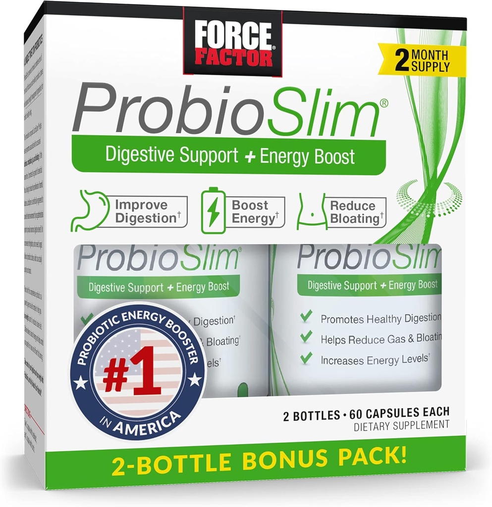 FORCE FACTOR ProbioSlim Probiotic Probiotic Probiotic 供有Probiotics和绿色茶叶提取、减少气体、布洛丁、便秘、支持消化和古特健康,120 Capsules(双包)