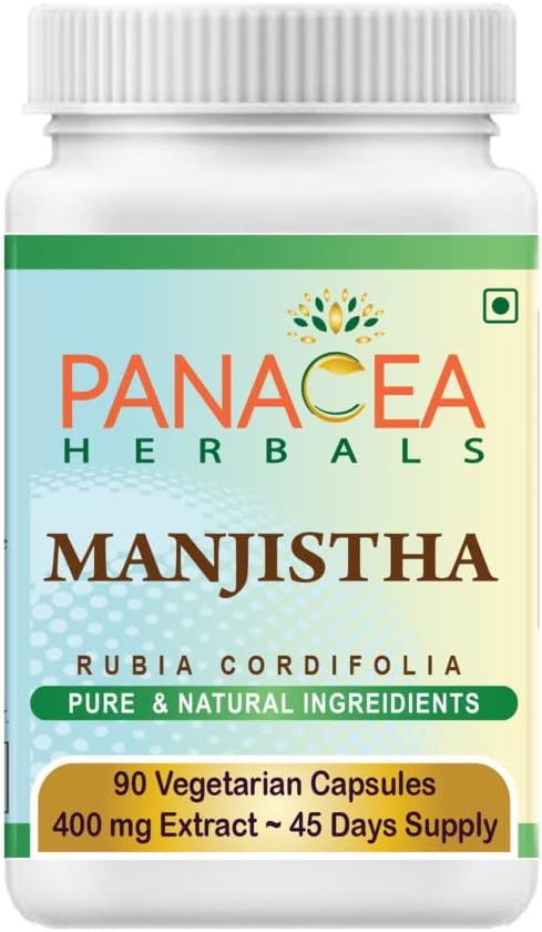 Panacea Herbals Manjisstha Capsules (90 Veg Caps 400mg Extract) 鲁比亚·科尔迪福利亚(Rubia Cordifolia),为格洛温皮肤复合体的印度马德尔. Gluten Free Lactose Free GMO Free Pure Herbal Dealary 补充材料. 格鲁滕自由乳糖自由转基因组织 自由纯草药补充品.