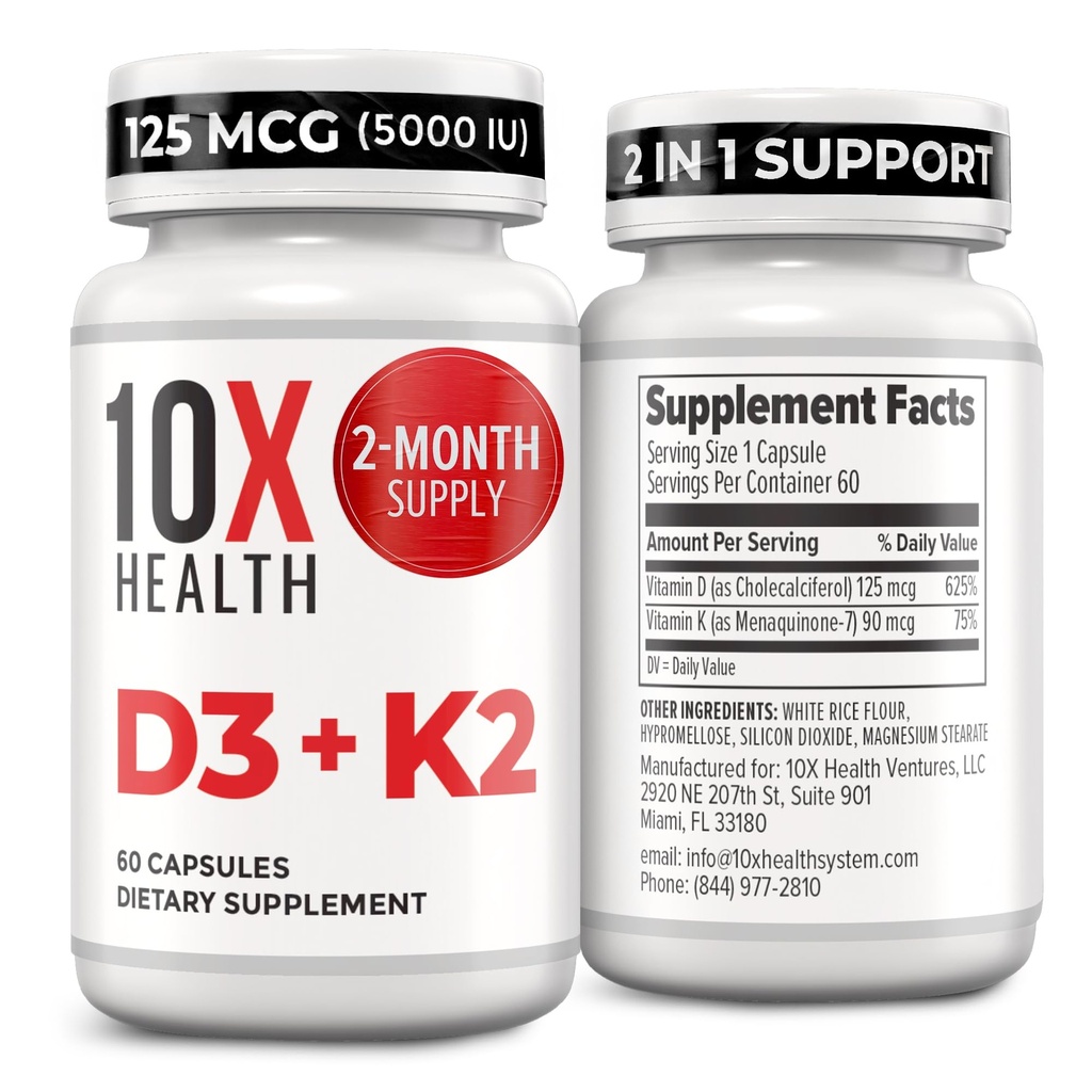 10X 健康维生素 D35000 IU & K2 MK7 - Menaquinone 7,高概率D3 K2 骨质健康,心脏和牙齿维生素补充剂 - 125 mcg 维生素 D & 90 mcg 维生素 K2-60 Capsules