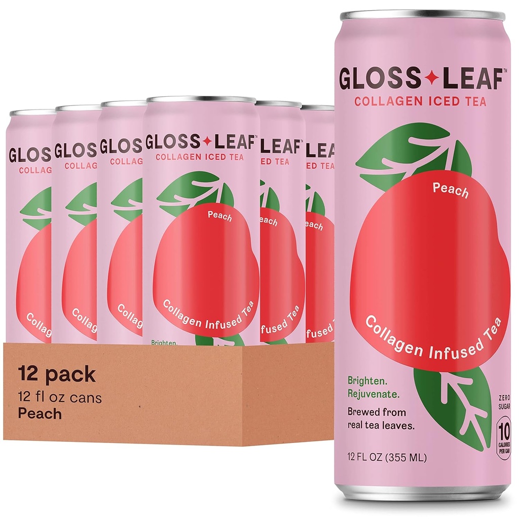 Gloss Leaf Collagen Iced Tea (Zero-Sugar, Peach): 含Collagen Peptides蛋白和维生素C,美丽和抗衰老,12 Fl Oz,12 Pack的黑茶