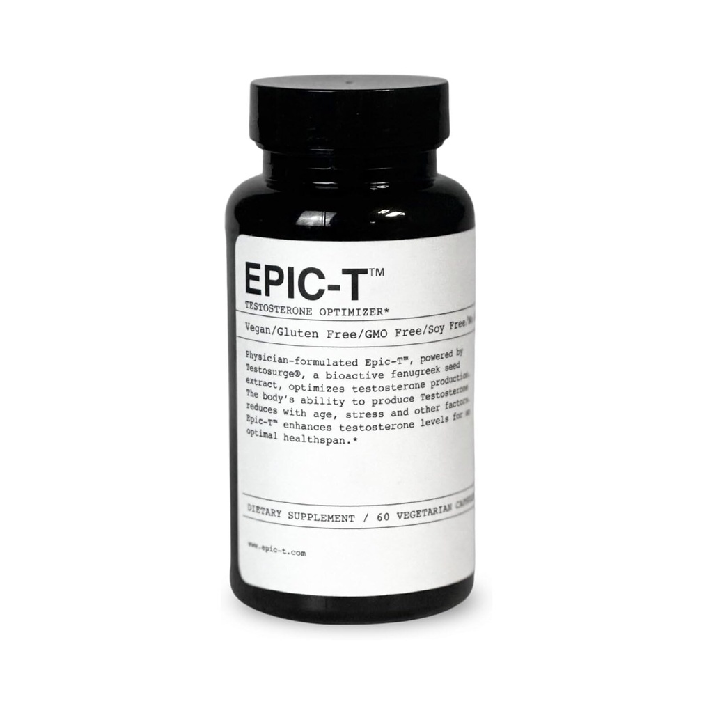 EPIC-T Testosterone Support for Men | Clinically Studied Testosurge® Fenugreek | B-Complex, Zinc, Boron, Rhodiola | Vegan, Non-GMO | 60 Capsules