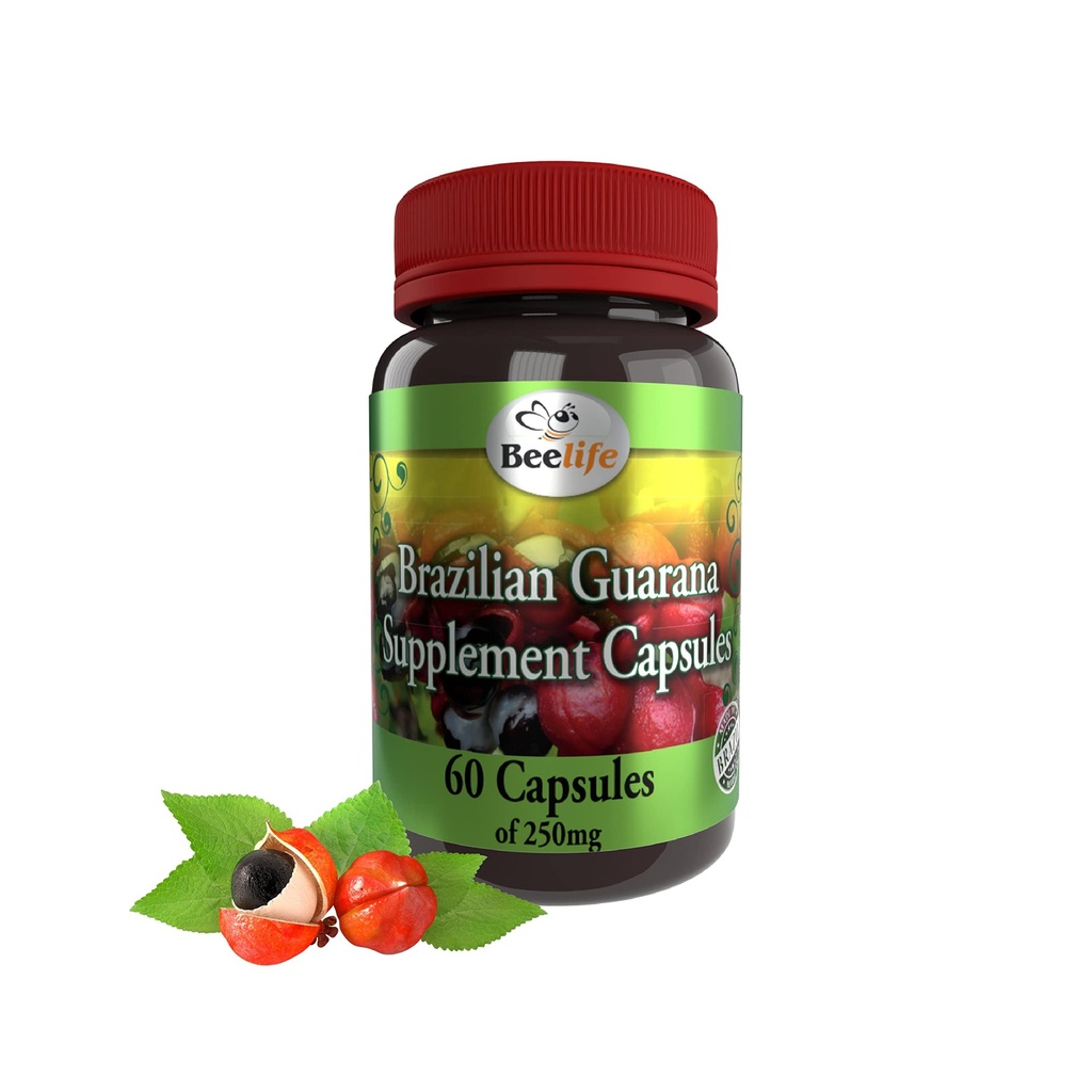 巴西Beerife Guarana Capsules - 来自巴西的天然咖啡因补充剂 - 能源与精神重点,肌肉力量支持 - Zero Gluten,不为男女做糖前工作 - 250mg 60 Caps
