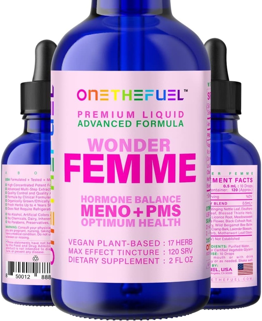 Wonder Femme Plant-Based Hormone Balance Menopause Hot Flashes Relief Support 100% Natural 17 Herbal Women Estrogen Health Supplement Dong Quai Vitex + Fast Absorb Tincture 2 oz. Liquid