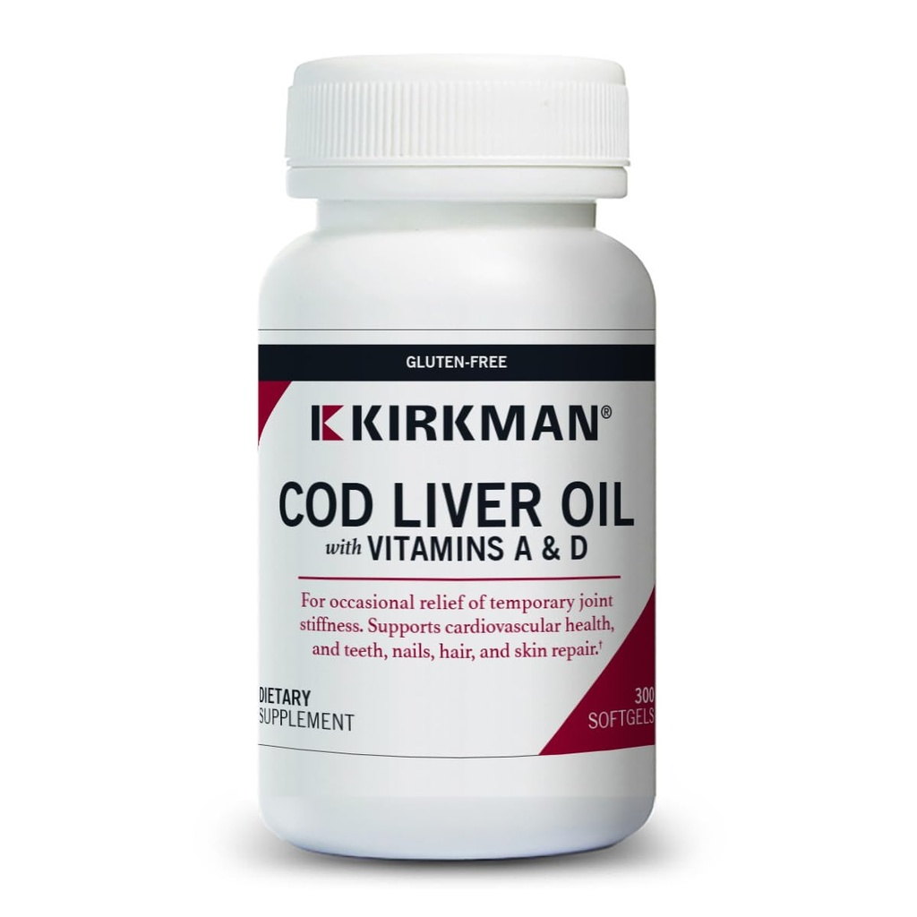 Kirkman - 配有维生素A & D的鳕鱼肝油 - 300软胶 - 基本脂肪酸 - 支持基础健康 - 假致性