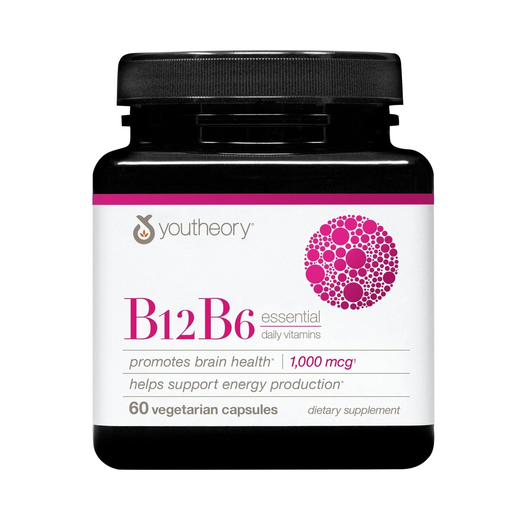 Youtheory B12B6 - Vegan Vitamin B6 & Vitamin B12 - 提供脑健康,能量和豁免支持* - 奶业,大豆和葡萄酒免费 - 60个蔬菜卡普尔.