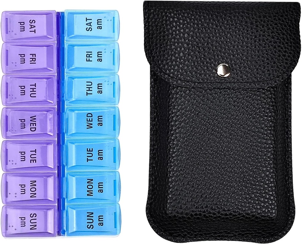 VOFOON 旅行药丸组织者 2 Times aday, 大型AM PM Pill 组织者 7 Day, PU Leather Daily Pill Box case, 维生素药品每周药丸组织者 鱼油补充剂(L大小)