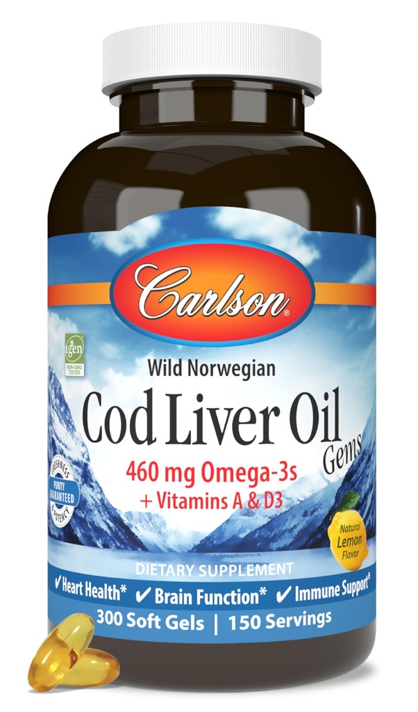 Carlson - Cod Liver Oil, 460 mg Omega-3s + 维生素 A & D3, Wild-Caught 挪威北极的Cod-Livers Oil, 可持续来源的北欧鱼油盖,柠檬,300软胶