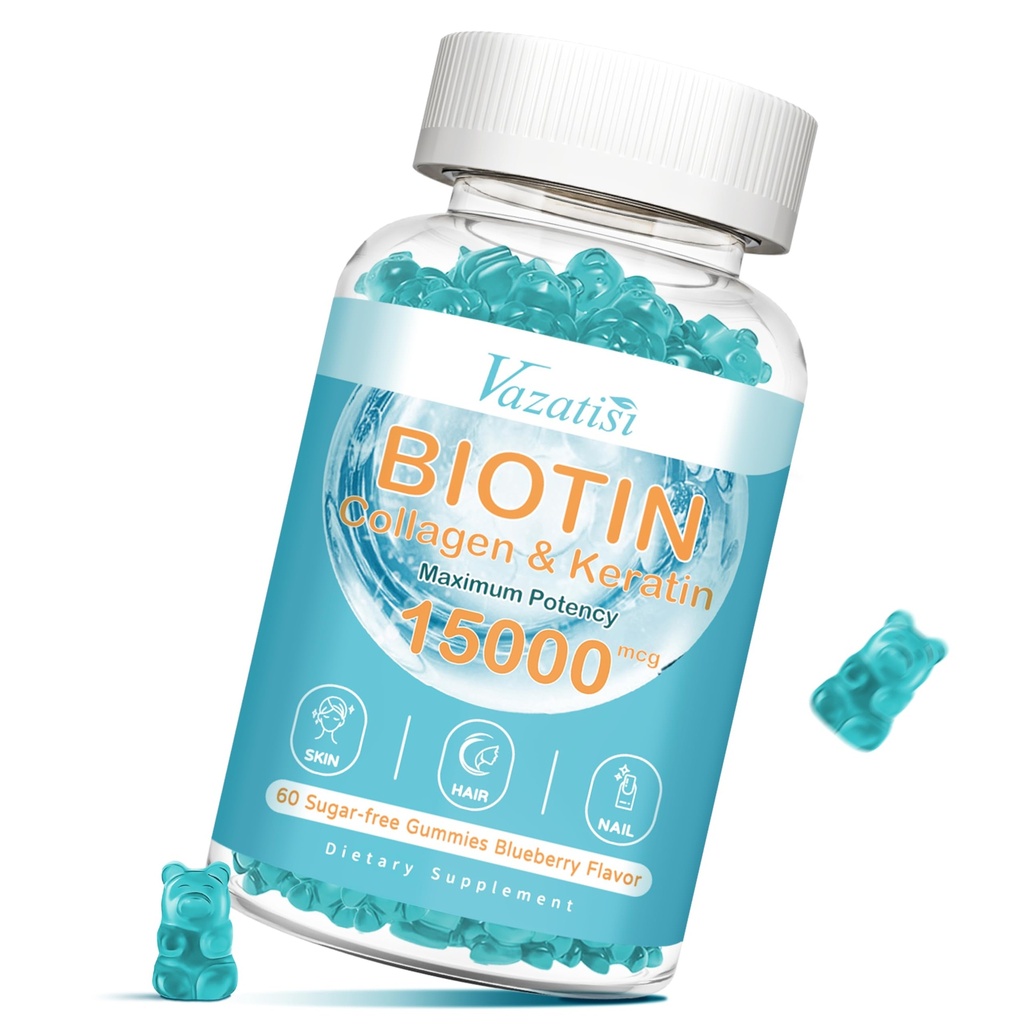 Biotin和Collagen Gummys配有B12,毛皮和直肠维生素Gummys配有毛发生长,光皮和坚固的直肠-蓝莓Flavor,无糖,60Ct